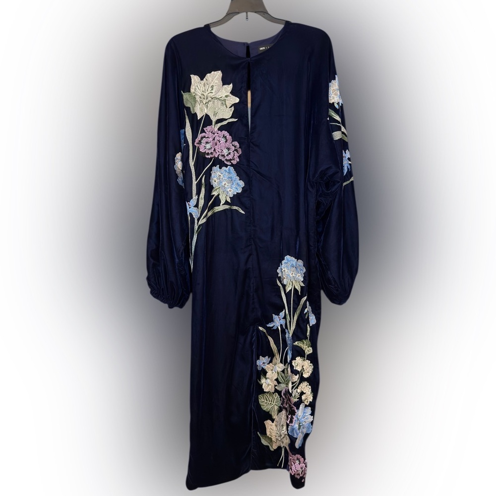 ASOS Navy Velvet Floral Embroidered Midi Dress Boho Luxe Long Sleeve Size 0 - Picture 7 of 14